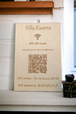 Wi-FI kortti infokortti takan päällä mökillä. Wifi infokortti