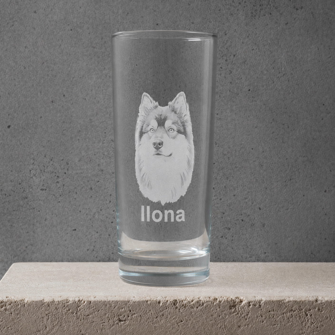 Drinking glass with your own photo, laser engraved dog image and name Ilona