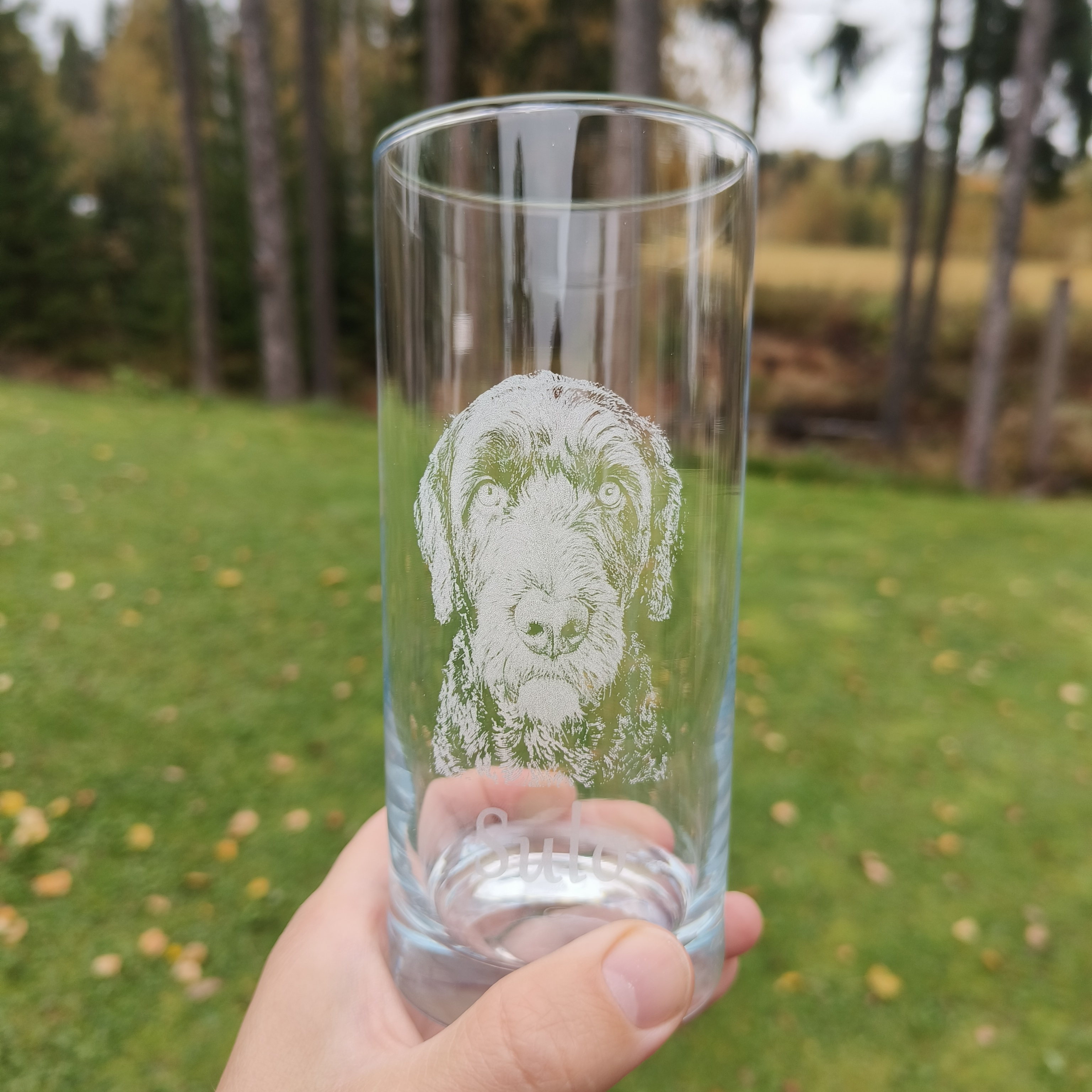 Drinking glass with your own photo, laser-engraved dog image and name Sulo
