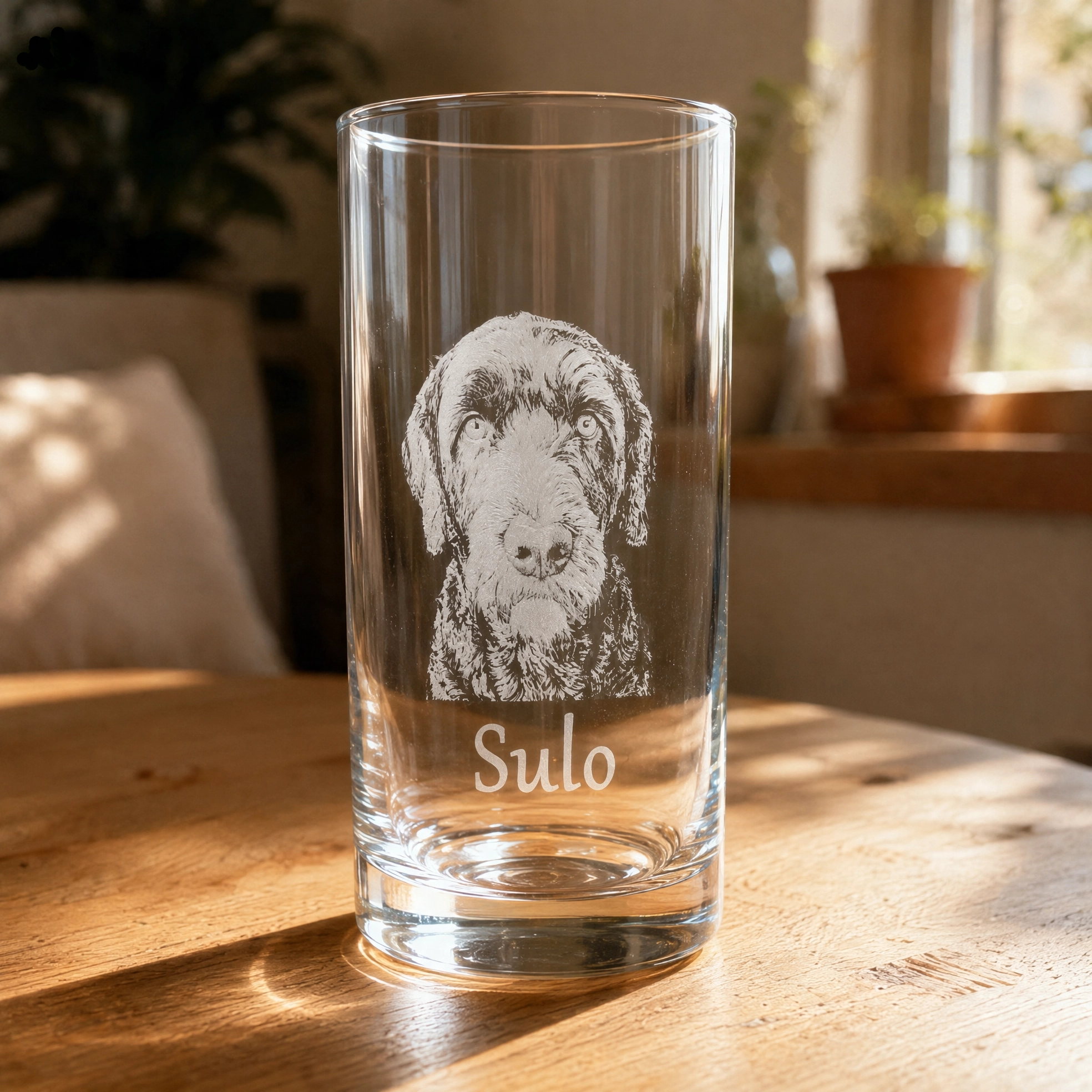 Drinking glass with your own photo laser-engraved image of a dog and the name Sulo